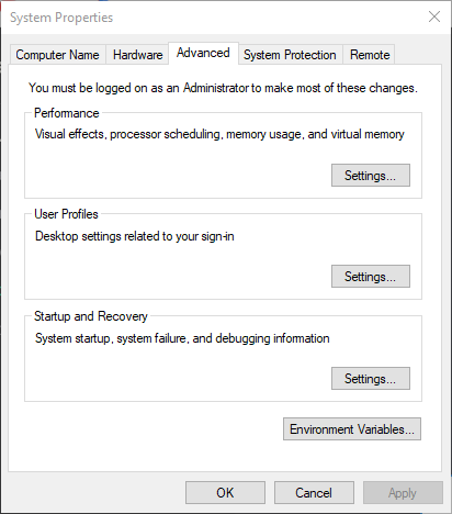 System properties window